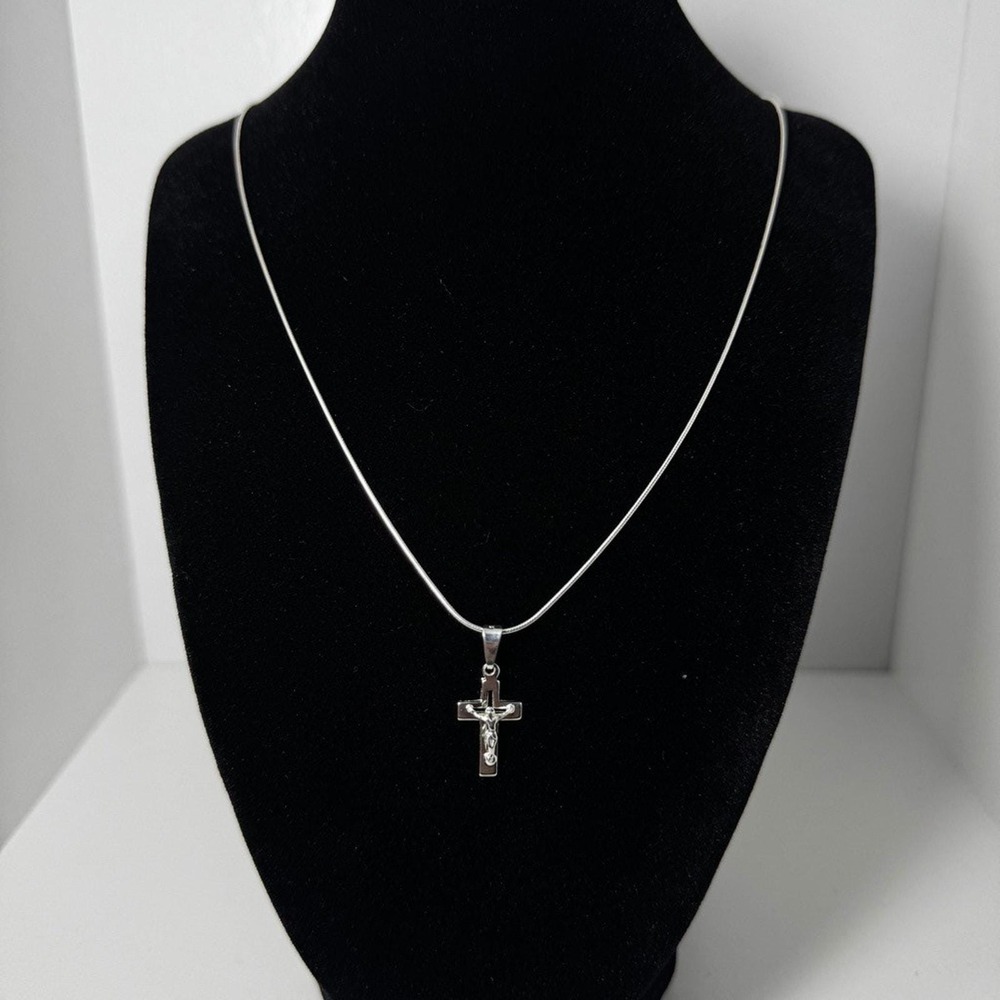 Sterling Silver Crucifix Pendant Necklace 24 Inch Snake Chain 925 Silver Cross
